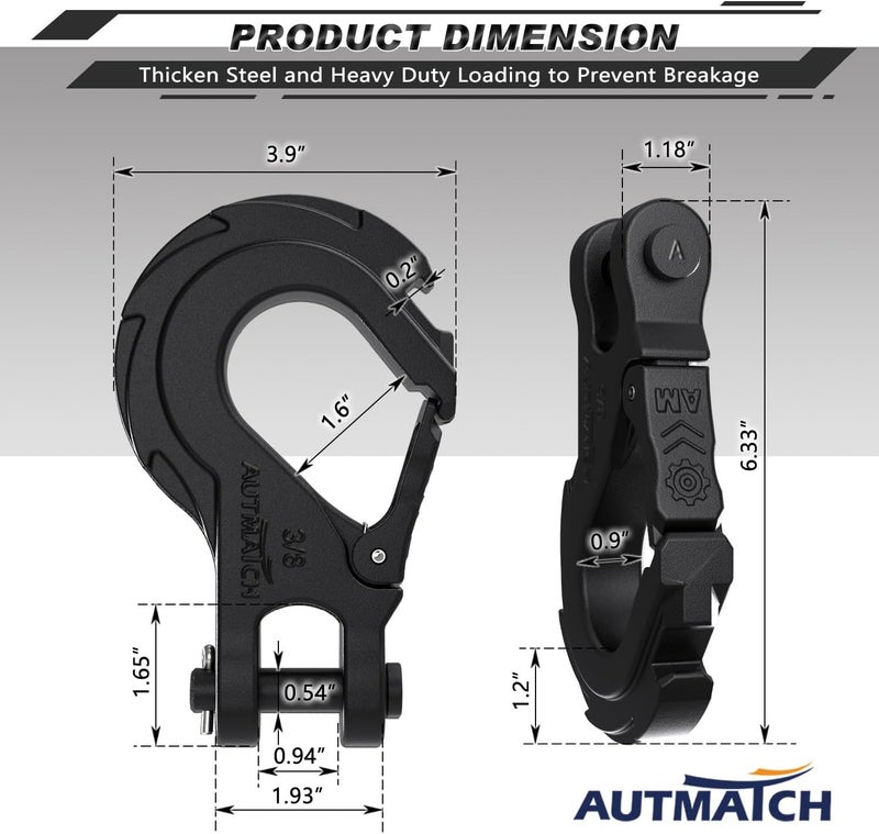 AUTMATCH Winch Hook 3/8" - Clevis Slip Hook with Safety Latch & Winch Cable Hook Stopper, Grade 70 Forged Steel Max 39,600Lbs Work for Winch Rope, ATV, UTV, Off Road Vehicle, Frosted Black - Image 4